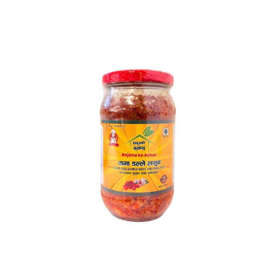 Anjana Ko Round Chilli Bamboo Shoot & Garlic Pickle 350Gm